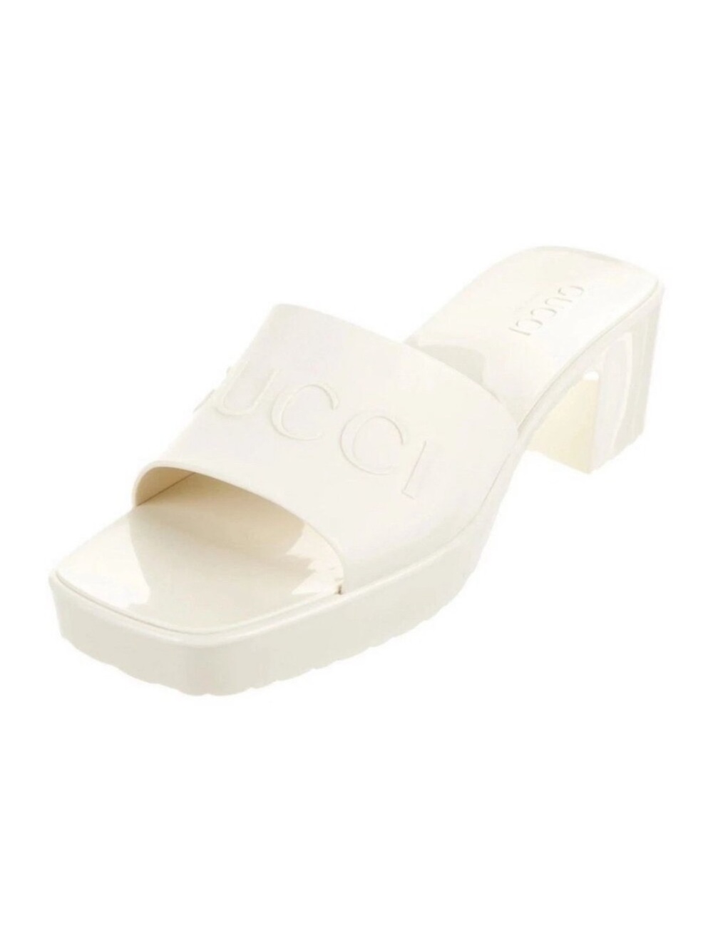 Gucci Cream Platform Slide Mule with Embossed Logo